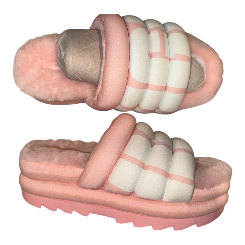 New Pink UGG Logo Maxi Slides Platform 9 Fluffy